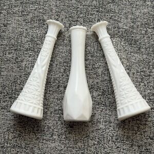 Vintage‎ Milk Glass Bud Vases 9" Tall Set Of 3 Fluted Wedding Decor Art MCM